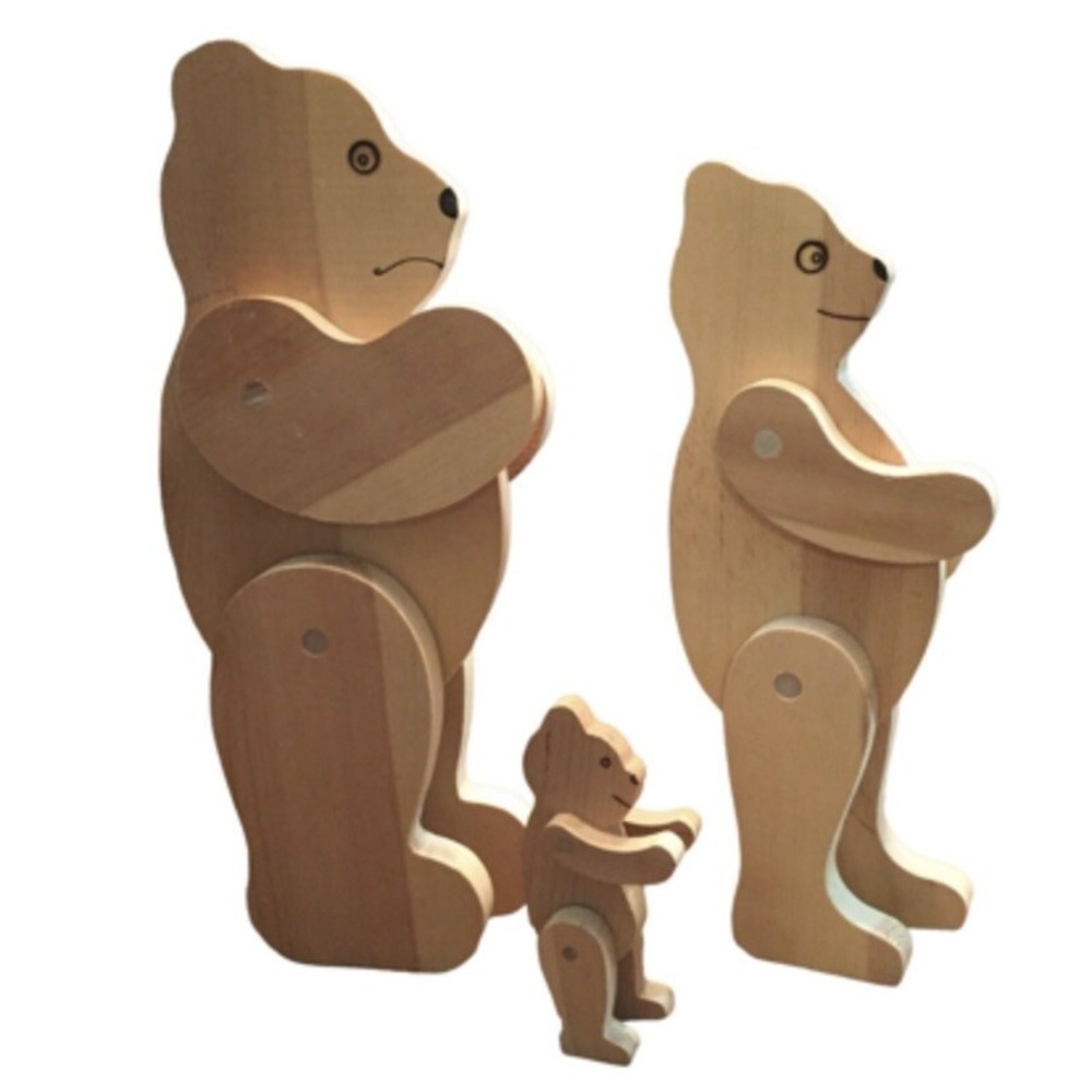 Articulated Wooden Bear Family Trio 6" 14" 17" Natural Wood Jointed Movable